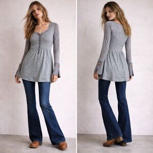 Free People Gray Embroidered Cuff Tunic Top Boho Empire Waist S/P Boho Y2K Inspo